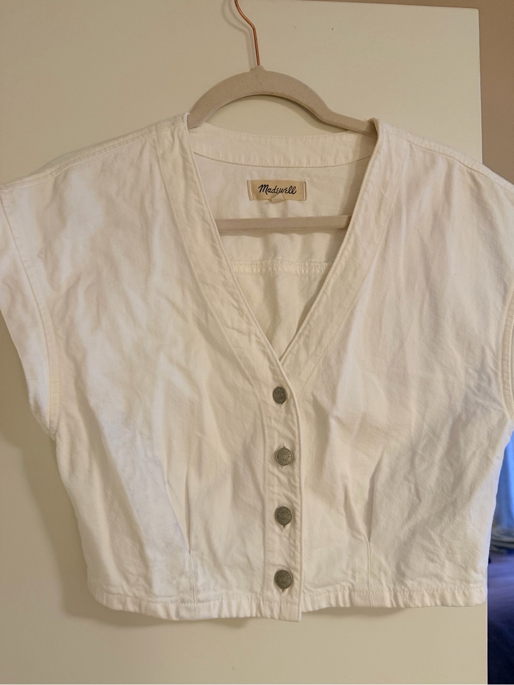 Madewell White Button-Front V-Neck Cropped Blouse